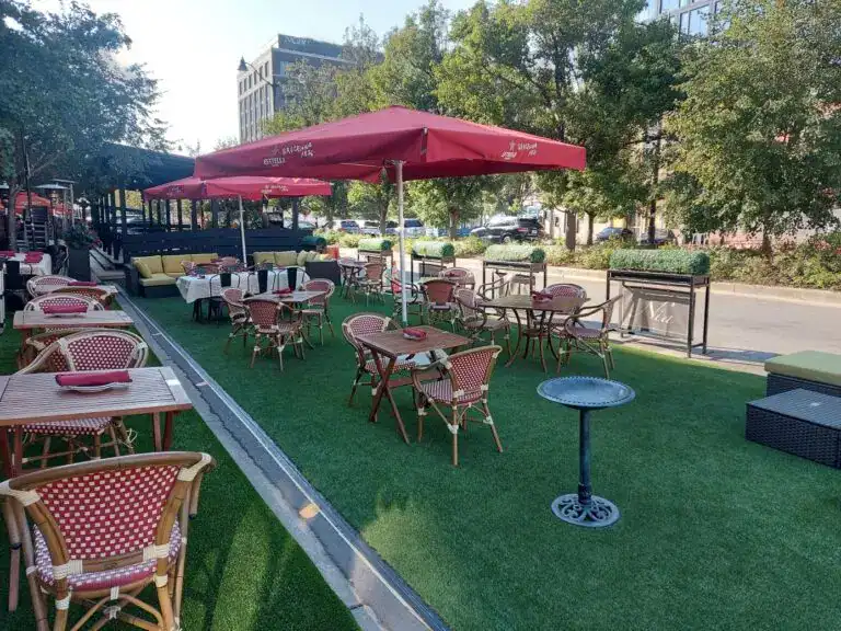 Outdoor dining area with umbrellas