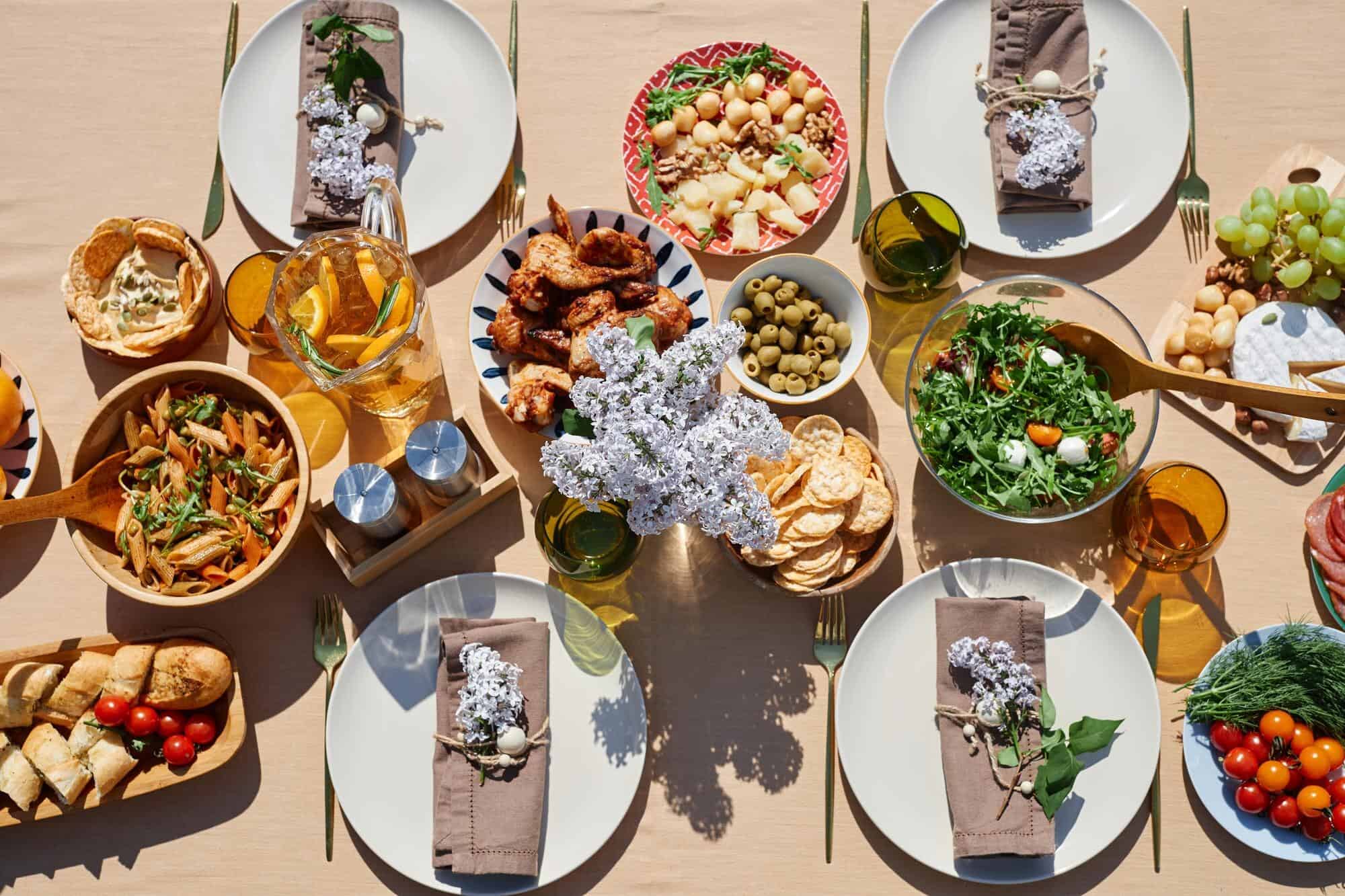 Colorful table set with various dishes