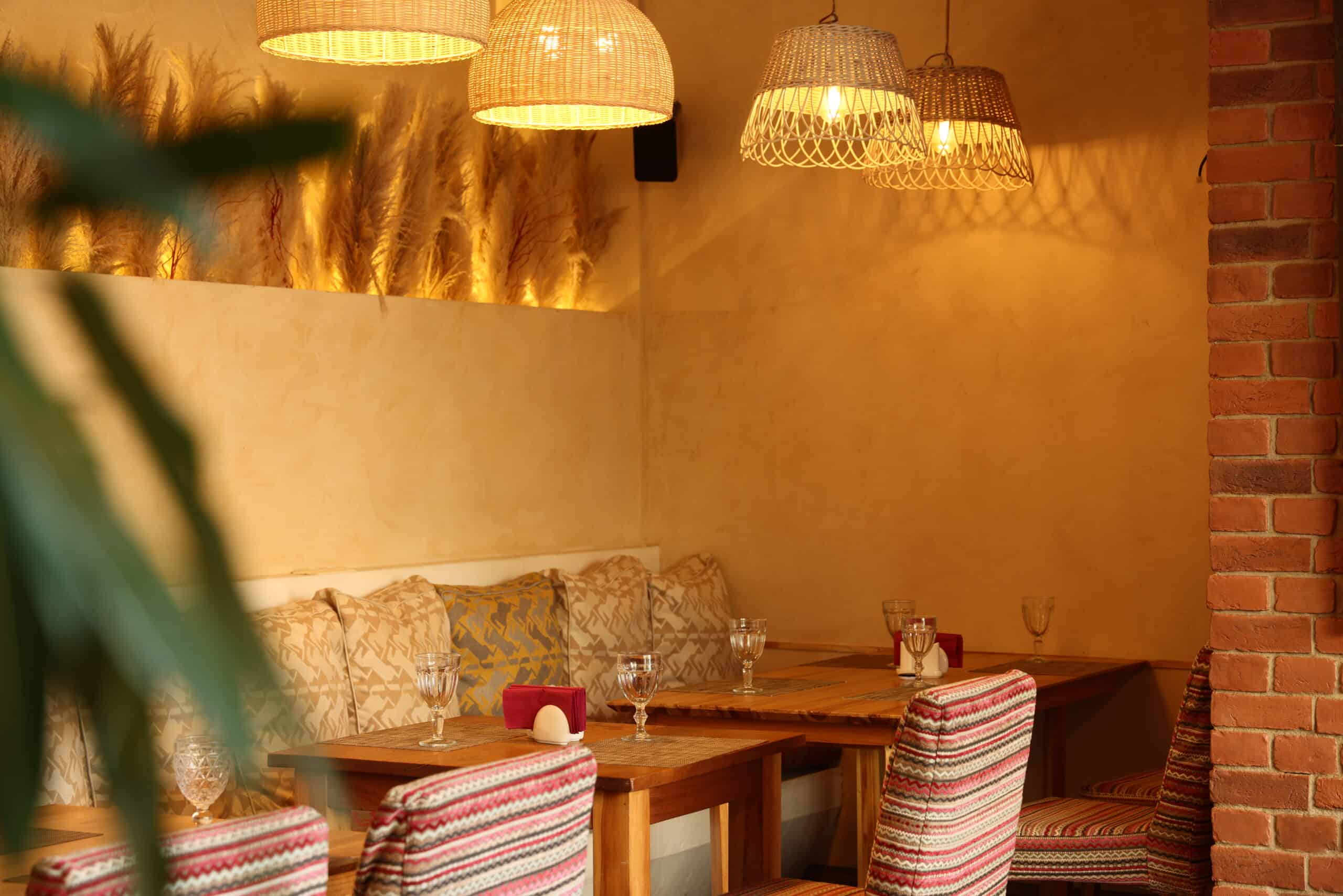 Cozy restaurant interior with warm lighting