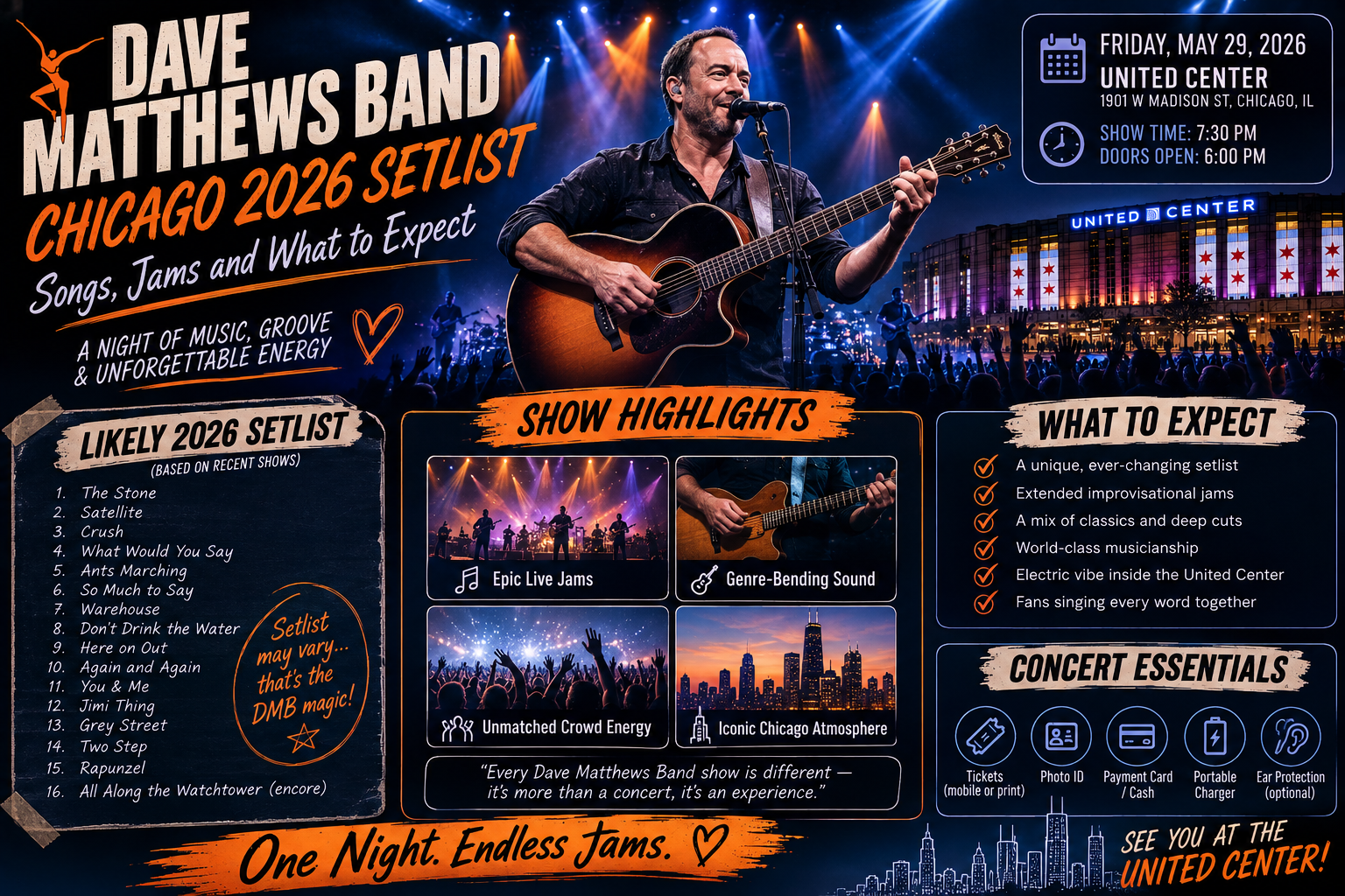 Dave Matthews Band Chicago 2026: Opening Act, Gates, Pre-Show Party and Timeline
